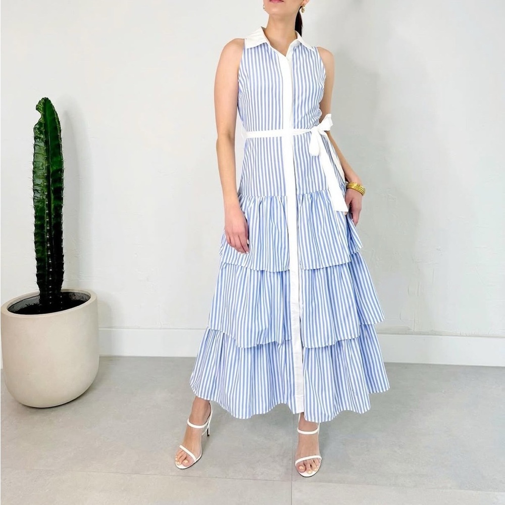 Sleeveless Blue and White Tiered Dress